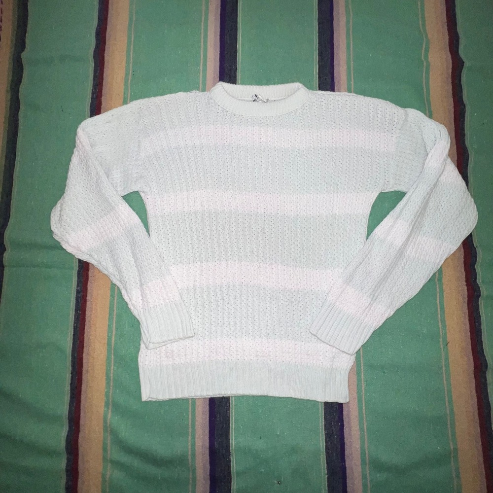 Vintage Cotton Knit Sweater Womens S Mint Green Striped Open Weave Made in USA
